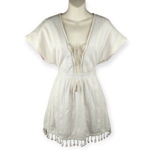 Ale by Alessandra Bruna Mini Dress Beige Boho Pom Pom Tassel Beach Revolve XS
